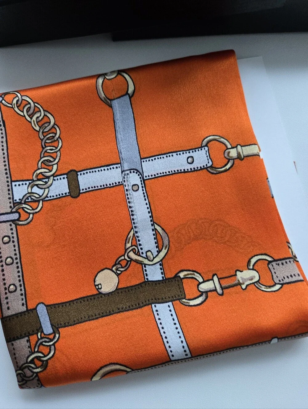 Silk Pocket Square Scarf in Vibrant Orange with Equestrian Chain Print